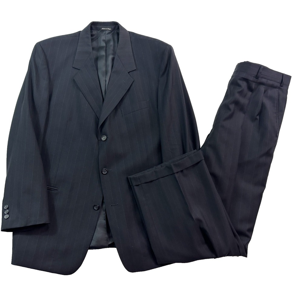 vtg 90s Vito Rufolo 44L 35x30 Black Herringbone Stripe 2pc Pant Suit Italy Wool